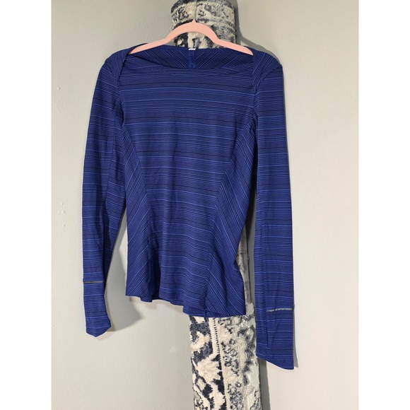 Lululemon Swiftly Tech Long Sleeve Shirt Blue Black Striped Size 8 Running Top - Picture 3 of 6